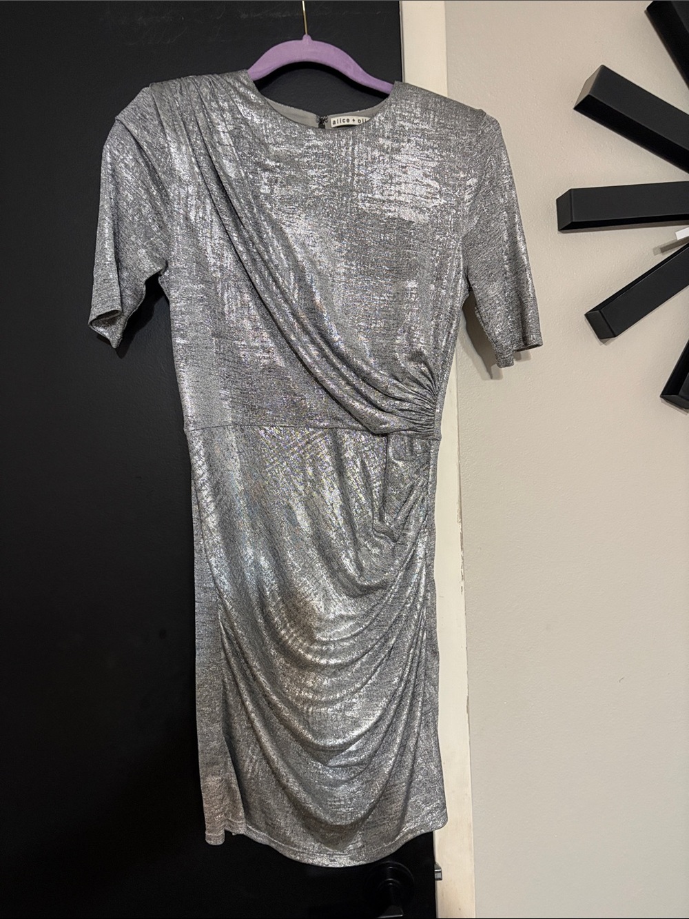 Alice + Olivia Silver Metallic Draped Midi Dress